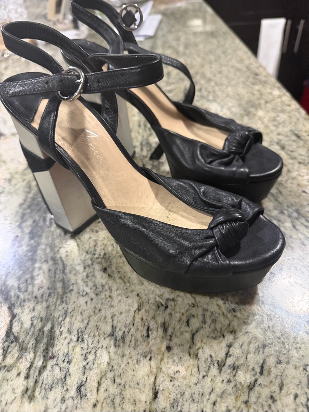 Black Knotted Leather Platform Sandals with Ankle Strap - Isa Tapia
